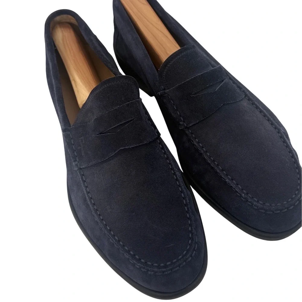 Salvatore Ferragamo Mens Navy Blue Suede Penny Loafers Moc Made in Italy 8 EE - Picture 1 of 10